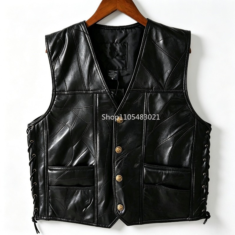 Motorcycle Gear Jacket - Zwart patchwork leren biker vest voor